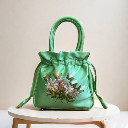 Small Embroidered Flower Bucket Bag | Women's Top Handle Drawstring Purse
