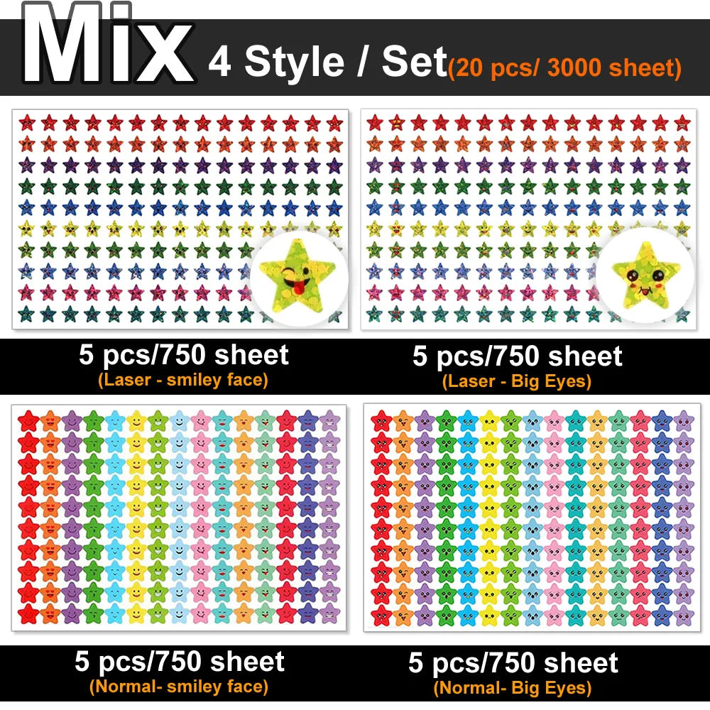 Happy Face Stars Reward Sticker Pack | 450-3000 Sheets for DIY Decor