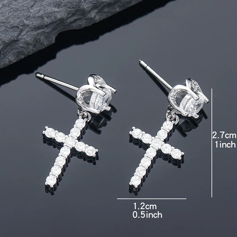 Punk Gold/Silver Cross Stud Earrings | Hip Hop Rhinestone Piercing Ear Accessories