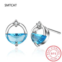 Half Round Natural Sky London Blue Topaz 925 Sterling Silver Spring Water Stud Earrings | Women's Fine Gemstone Jewelry