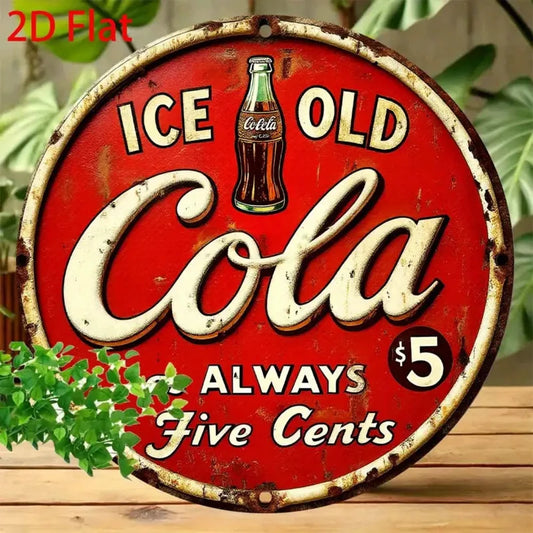 2D FLAT Vintage Cola Metal Sign - 8x8 Inch Round Aluminum Wall Art, Retro Ice-Cola Design, Rustic Decor for Home, Kitchen, Bar