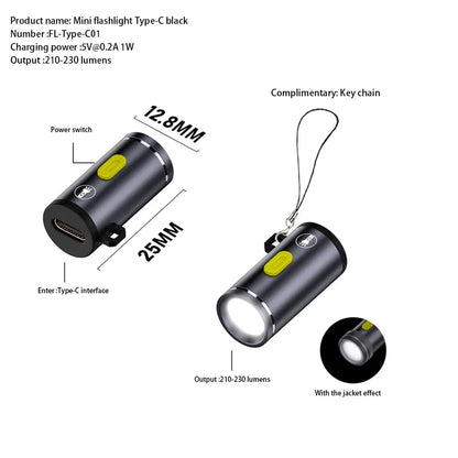 Mini Type-C LED Flashlight | Rechargeable Portable Keychain Light