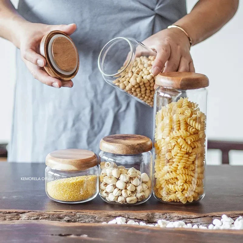 KEMORELA Bocal de conservation alimentaire transparent en bois d'acacia, pot à thé rond, pour fruits secs, snacks, pot de rangement en verre scellé pour la cuisine