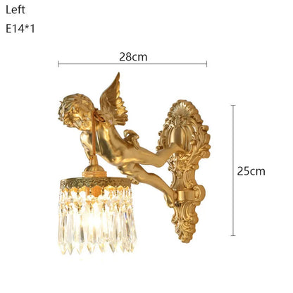 Brass Angel Wall Lamp Crystal Sconce Light Bedside Balcony Corridor Porch Decor