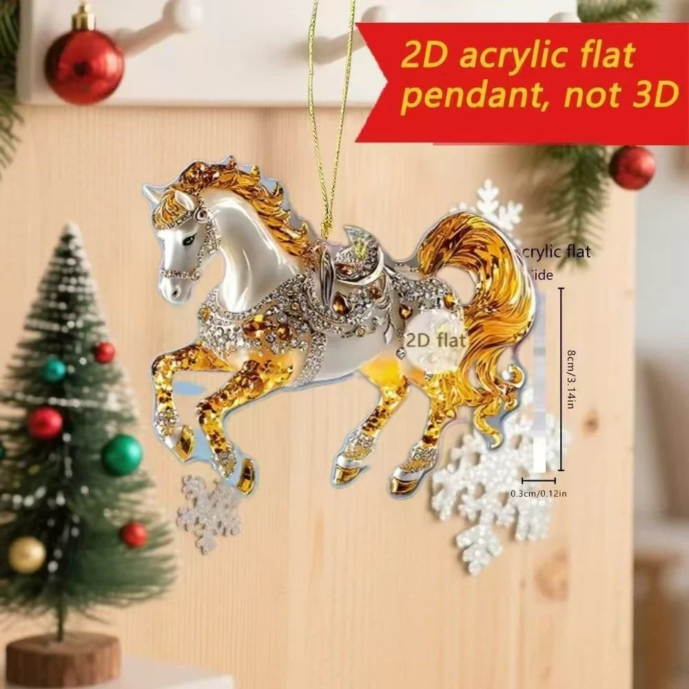 Pendentif de rétroviseur de voiture cheval acrylique 2D, ornement de sapin de Noël, décoration de fête de Nouvel An à suspendre