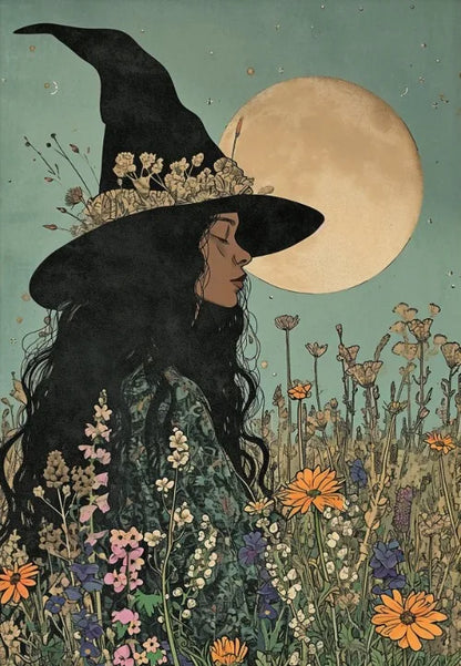 Witch Magical Art Print Witch with Full Moon Wall Decor Darkness Witches Painting Wall Decor Canvas Poster Dark Romantic Decor
