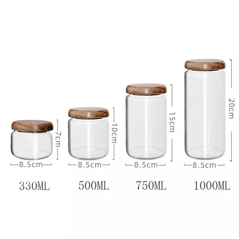 KEMORELA Bocal de conservation alimentaire transparent en bois d'acacia, pot à thé rond, pour fruits secs, snacks, pot de rangement en verre scellé pour la cuisine