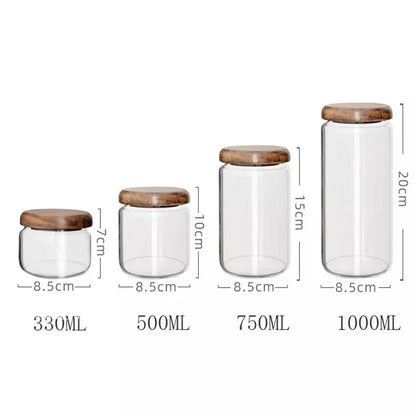 KEMORELA Bocal de conservation alimentaire transparent en bois d'acacia, pot à thé rond, pour fruits secs, snacks, pot de rangement en verre scellé pour la cuisine