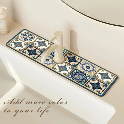 Retro Pattern Diatom Mud Faucet Mat – Absorbent Sink & Countertop Pad