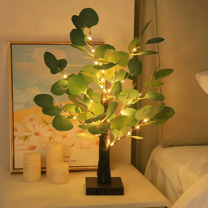 Lumières LED d'arbre d'eucalyptus artificiel, alimentées par piles USB, lumières d'arbre pour la décoration de chambres et de fêtes, lampe de Noël, cadeau de Thanksgiving