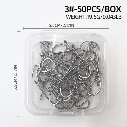 ShareShark 50-Piece High Carbon Steel Fishing Hooks with Barbed Curved Mouth | Long Shank Saltwater Hooks