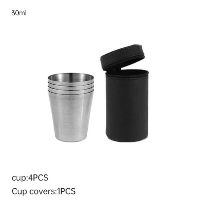2025 Lot de 4 tasses de voyage d'extérieur en acier inoxydable, mini verres à whisky/vin avec étui, vaisselle portable 30ml/70ml/170ml