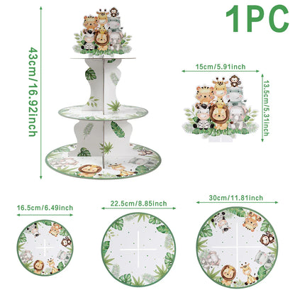 Soporte para cupcakes de animales de la selva, safari, baby shower, decoraciones de fiesta de cumpleaños, soporte para cupcakes, artículos de fiesta salvajes para niños