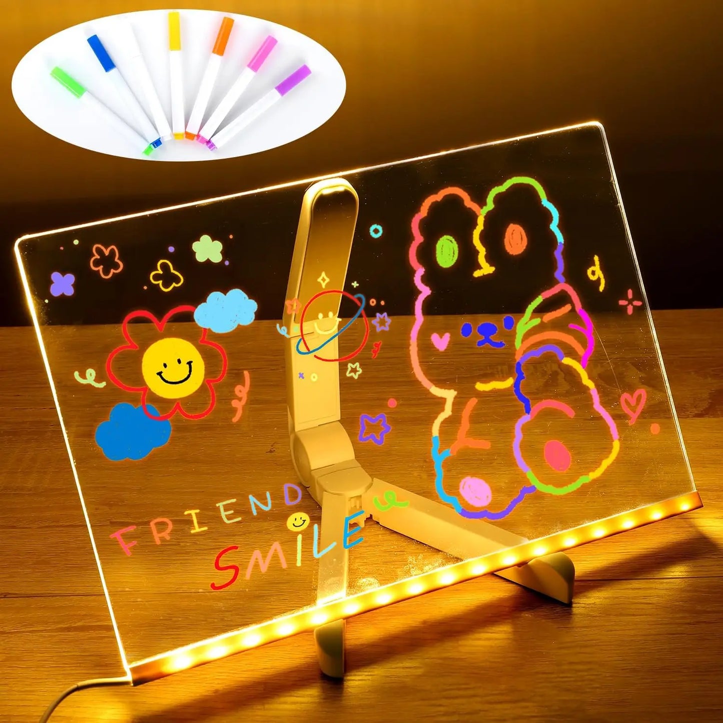 LED Kids Message Board – Colorful DIY Acrylic Drawing Board with 7 Pens Gift
