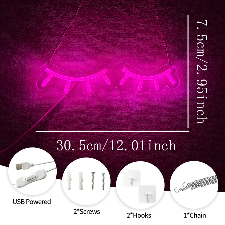 Enseigne au néon LED Cils Roses, Idéale pour la décoration de salon de cils, Lampe murale artistique pour dressing et salon de beauté, Alimentée par USB.