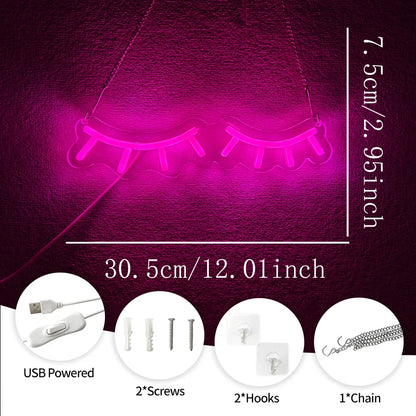 Enseigne au néon LED Cils Roses, Idéale pour la décoration de salon de cils, Lampe murale artistique pour dressing et salon de beauté, Alimentée par USB.