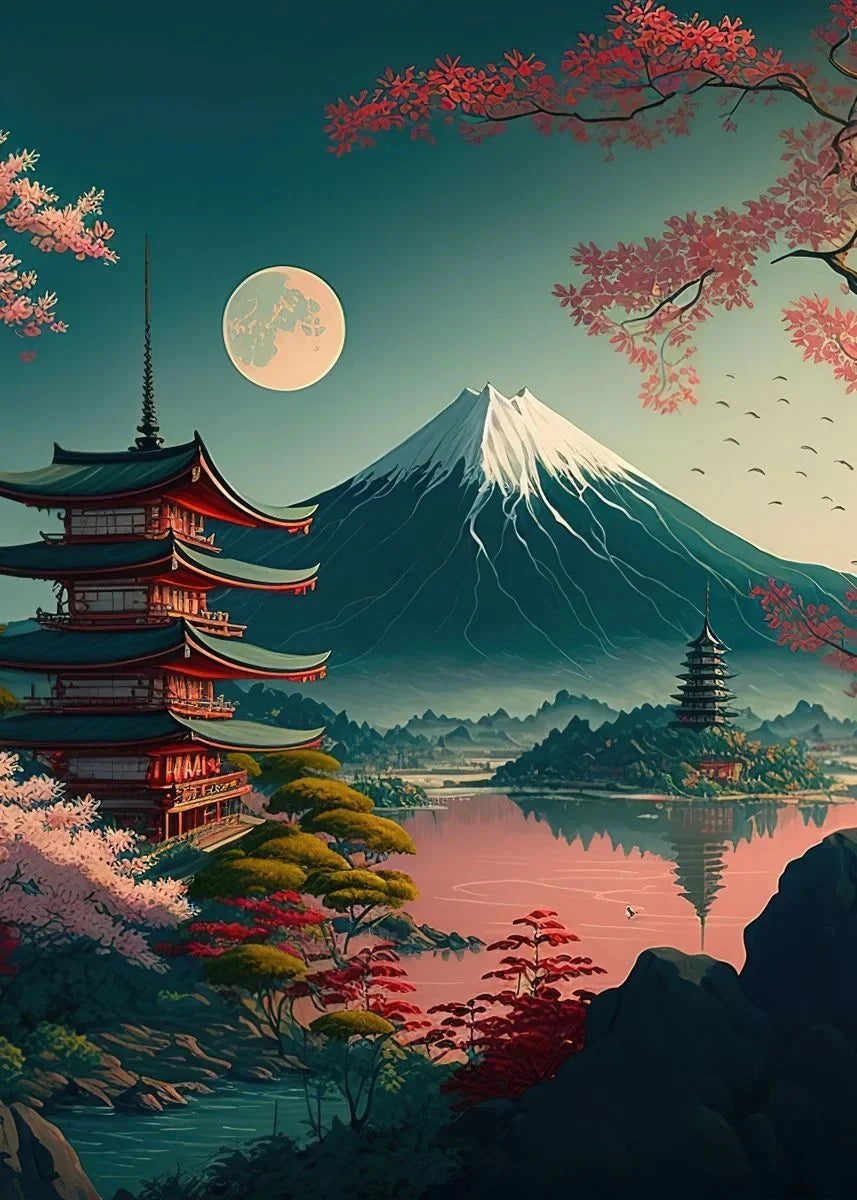 Póster japonés de flor de cerezo, montaña Fuji, puesta de sol, Tokio, lienzo impreso en HD, pintura artística de pared, imágenes, decoración del hogar