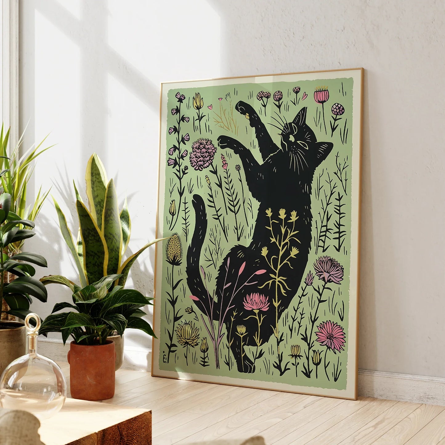 Arte moderno de pared con ilustración de gato negro lindo con flores, lienzo impreso, póster, imagen para decoración del hogar de sala de estar