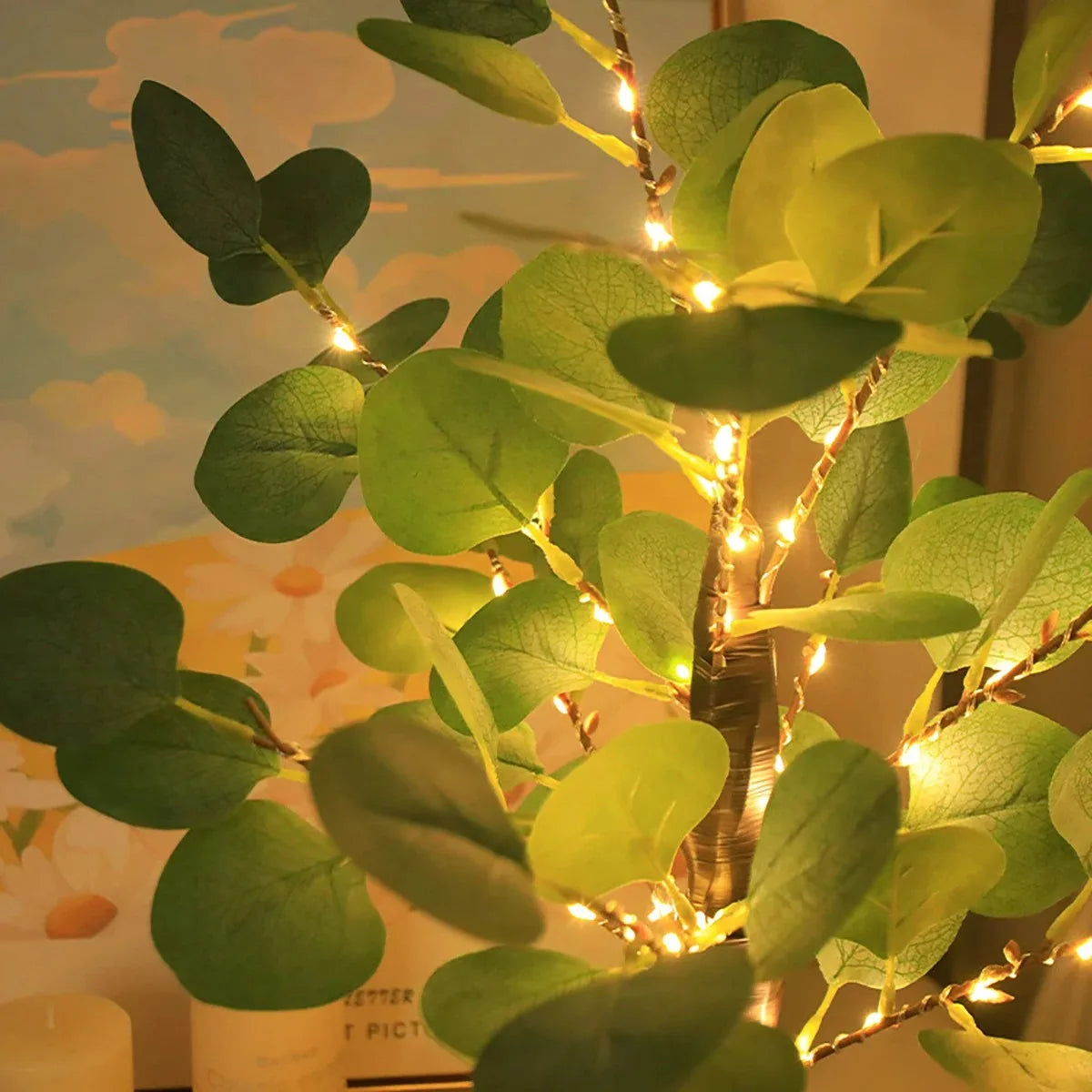 Lumières LED d'arbre d'eucalyptus artificiel, alimentées par piles USB, lumières d'arbre pour la décoration de chambres et de fêtes, lampe de Noël, cadeau de Thanksgiving
