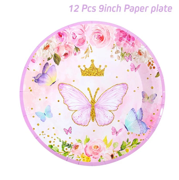 Vaisselle jetable Papillon Violet Serviette Papillon Décoration de Fête d'Anniversaire Fille Baby Shower Baptême Révélation de Genre Fournitures