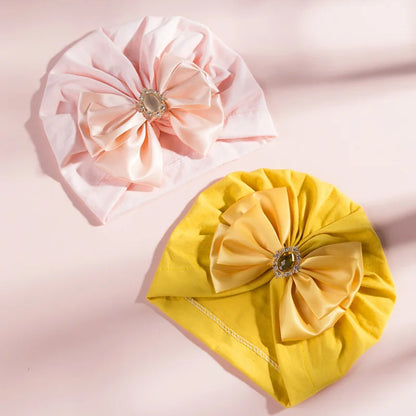 Solid Color Baby Turban Bow Beanie with Rhinestone | Handmade Infant Cap for Girls 0-2 Years