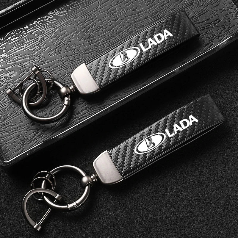 Car Carbon Fiber Style Keychain | Lada Accessory with Microfiber Leather