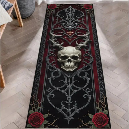 Skull Pattern Gothic Runner Rug Red Black Rose Decor Carpet Soft Non-Slip Art Home Decor Mat for Hallway Living Room Bedside
