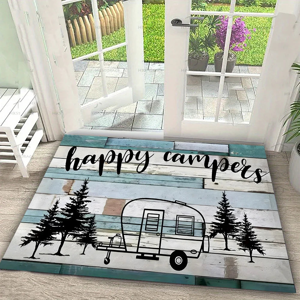 Tapis de sol imprimé pour camping-car Happy Campers Tapis de porte pour cuisine, chambre, salon, entrée, antidérapant