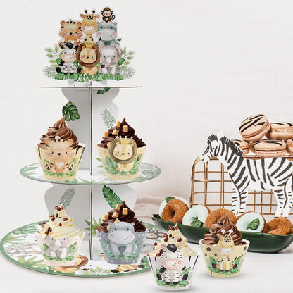 Soporte para cupcakes de animales de la selva, safari, baby shower, decoraciones de fiesta de cumpleaños, soporte para cupcakes, artículos de fiesta salvajes para niños