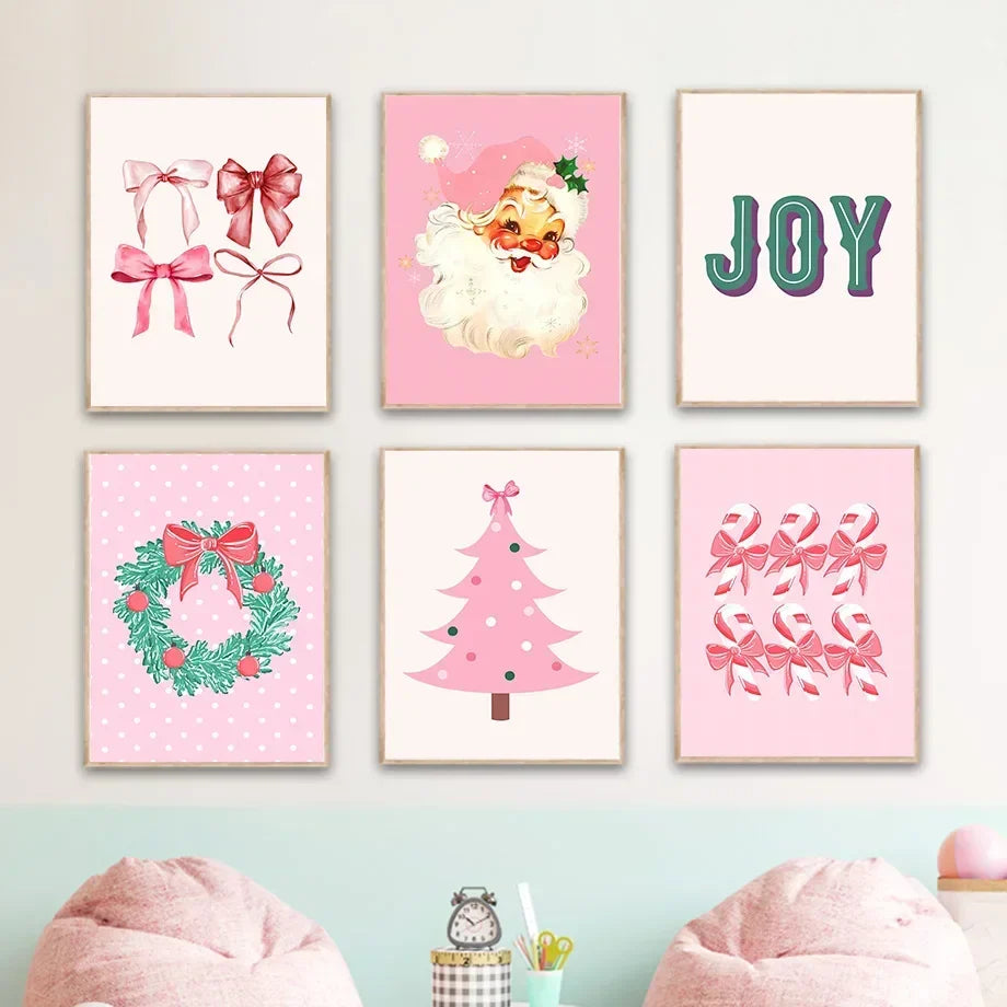 Arte de pared moderno y sencillo, árbol de Navidad rosa, Papá Noel, impresión en lienzo HD, póster, decoración para sala de estar, dormitorio