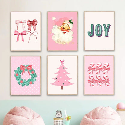 Arte de pared moderno y sencillo, árbol de Navidad rosa, Papá Noel, impresión en lienzo HD, póster, decoración para sala de estar, dormitorio
