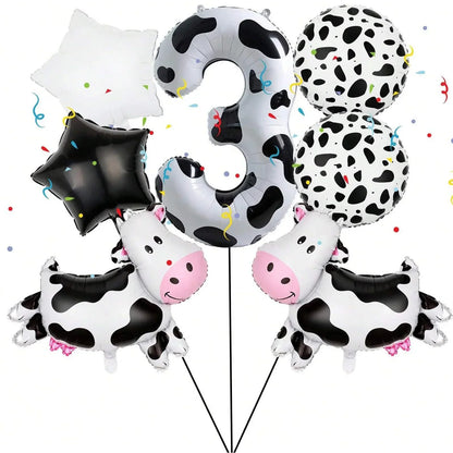 7pcs Big Cow Balloon Set 40 inch Black White Number 0-9 Foil Balloons | Farm Animal Birthday Party Decor