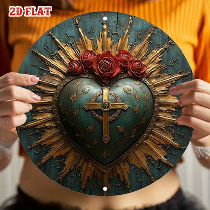 Panneau rond en aluminium Cœur Sacré religieux - 7,87" Décor rustique Roses et Croix, Art mural pour maison ou café
