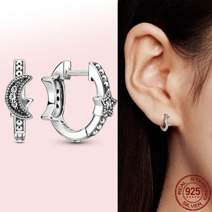 925 Silver Moon Star Earrings | White Zircon Love Pendant Jewelry for Women