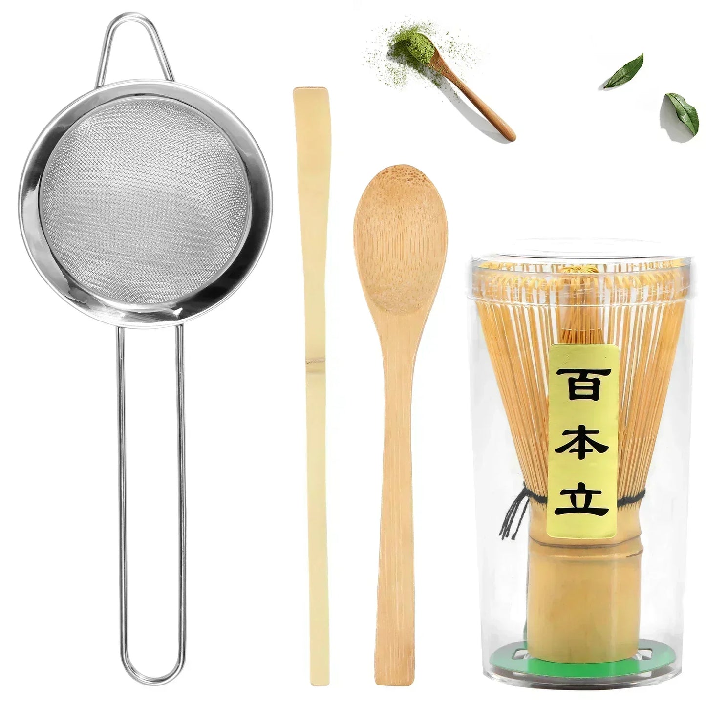 Ensemble de 4 fouets à matcha Fouet à matcha en bambou fait à la main Cuillère à thé traditionnelle Cuillère à thé profonde Passoire à thé Support de rangement transparent pour fouet
