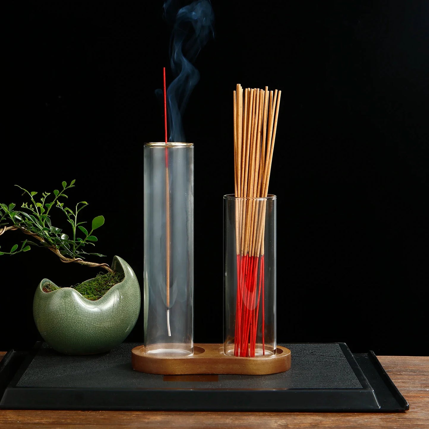 Brûleur d'encens en verre 2 en 1 pour bâtonnets, anti-cendres volantes, avec cendrier amovible et organiseur de bâtonnets d'encens