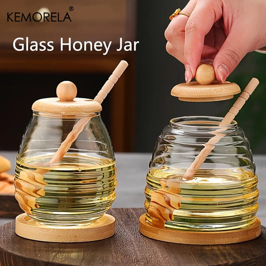 KEMORELA Bocal à Miel en Verre en Nid d'Abeille Outils de Cuisine Récipient de Stockage du Miel avec Cuillère et Couvercle Bouteille de Miel pour Fête de Mariage Dîner