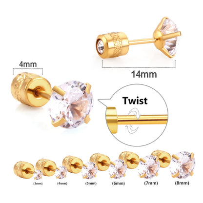 LUXUSTEEL Crystal Zircon Stud Earrings | Screw Back Round CZ Earrings for Men Women