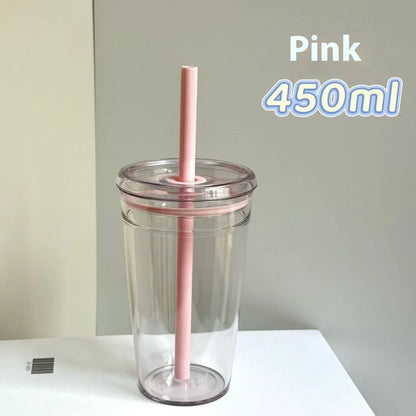 450ml Korean Style Straw Cup | Transparent Multi-Color Plastic Coffee Cup