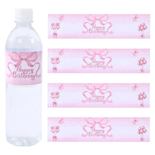 Pink Bow Bottle Stickers Happy 1st Birthday Party Decoration Kids Girl Wedding Birthday Party Supplies Favors Baby Shower Decor