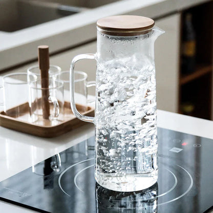 Nouvelle bouilloire en verre épaissi de 1000 ml/1500 ml avec couvercle en bambou et filtre, peut être ajoutée à la bouilloire pour jus et café