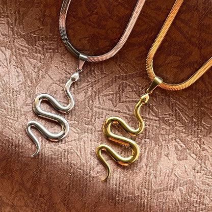 Flat Snake Chain Snake Pendant Necklace | Stainless Steel Choker Jewelry for Women