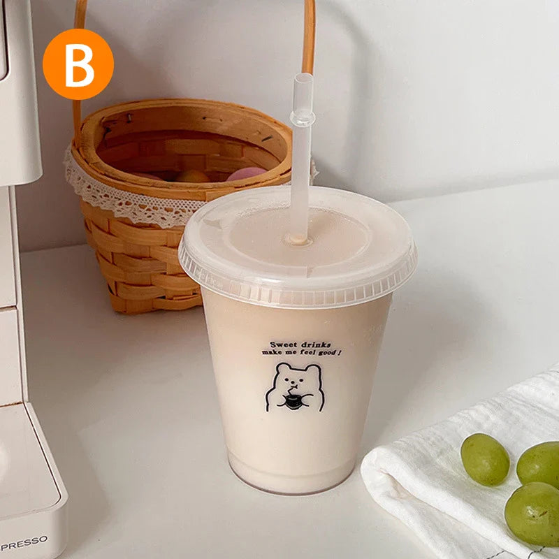 Cute Reusable Plastic Water Bottle with Straw | Portable Cold Cup for Coffee, Juice, & Milk Tea