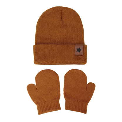 Baby Knitted Hat and Glove Set | Solid Winter Turban with Leather Star Tag