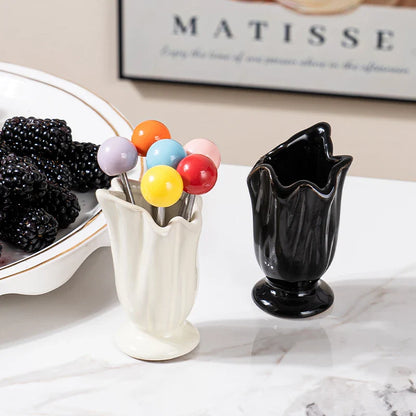 High-end home stainless steel fruit fork and dessert set, with ceramic storage container - innovative fruit fork