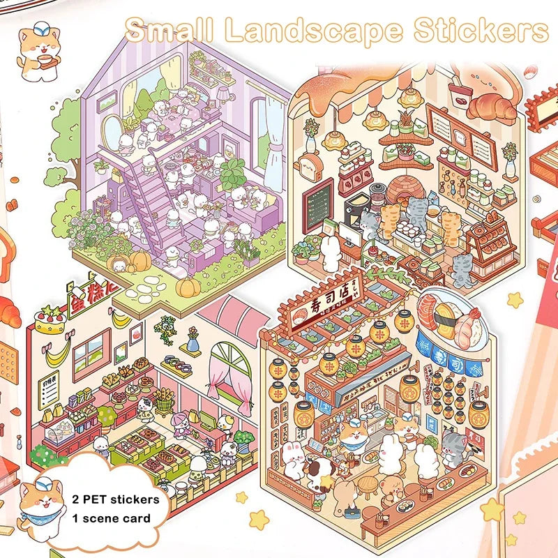 3D Simulation Cabin Stickers Set | Creative Cartoon DIY Landscape Decals for Kids