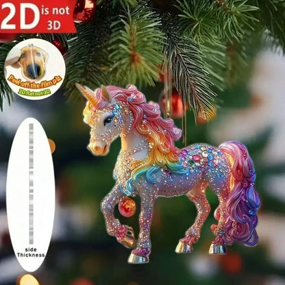 Pendentif de rétroviseur de voiture cheval acrylique 2D, ornement de sapin de Noël, décoration de fête de Nouvel An à suspendre