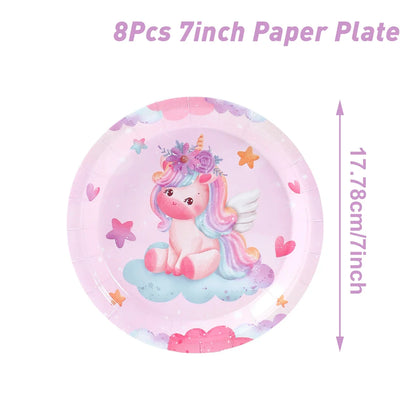Set de vaisselle jetable licorne Assiettes Gobelets Serviettes Décoration de fête d'anniversaire Enfants Garçon Fille Fournitures de fête d'anniversaire de mariage