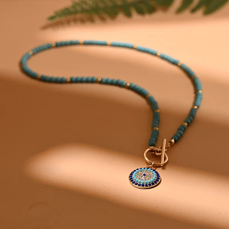 Colorful Stone Choker Necklace | Round Evil Charm Pendant for Women