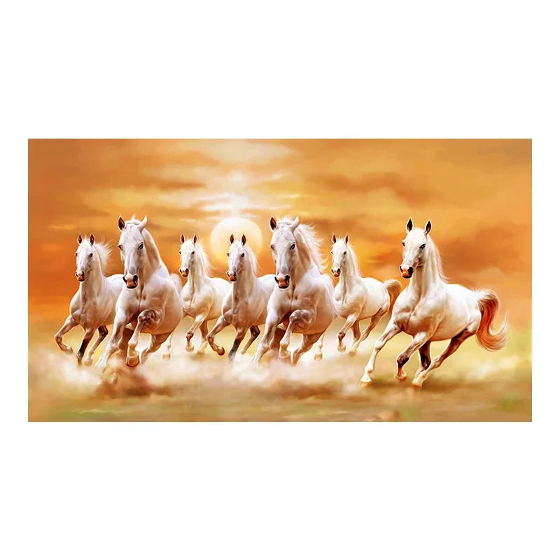 Tableau mural moderne et simple 7 chevaux blancs au galop Paysage coucher de soleil Impression sur toile HD Affiche Décoration maison salon chambre